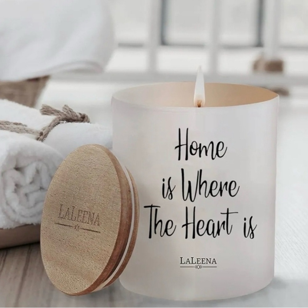 Laleena Soy Vanilla Scent Candle with wood lid and Home saying